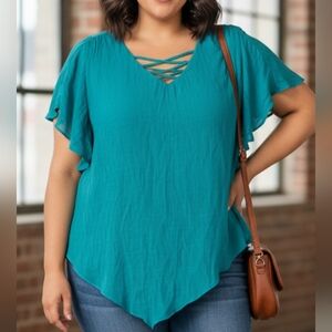 Alyx Teal Crisscross Flutter Sleeve Blouse Pit 25 L 31